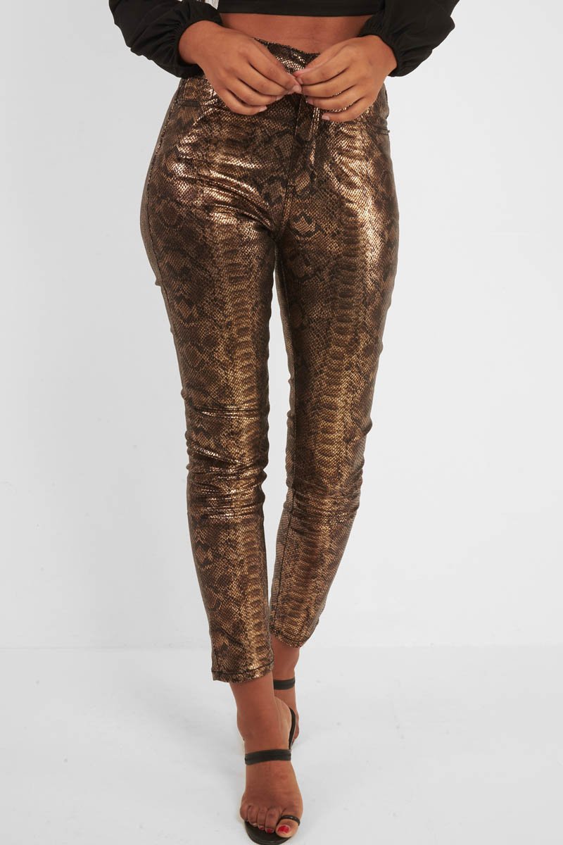 Gold Metallic Coated Snake Print Jeans - Tamsin-Jeans