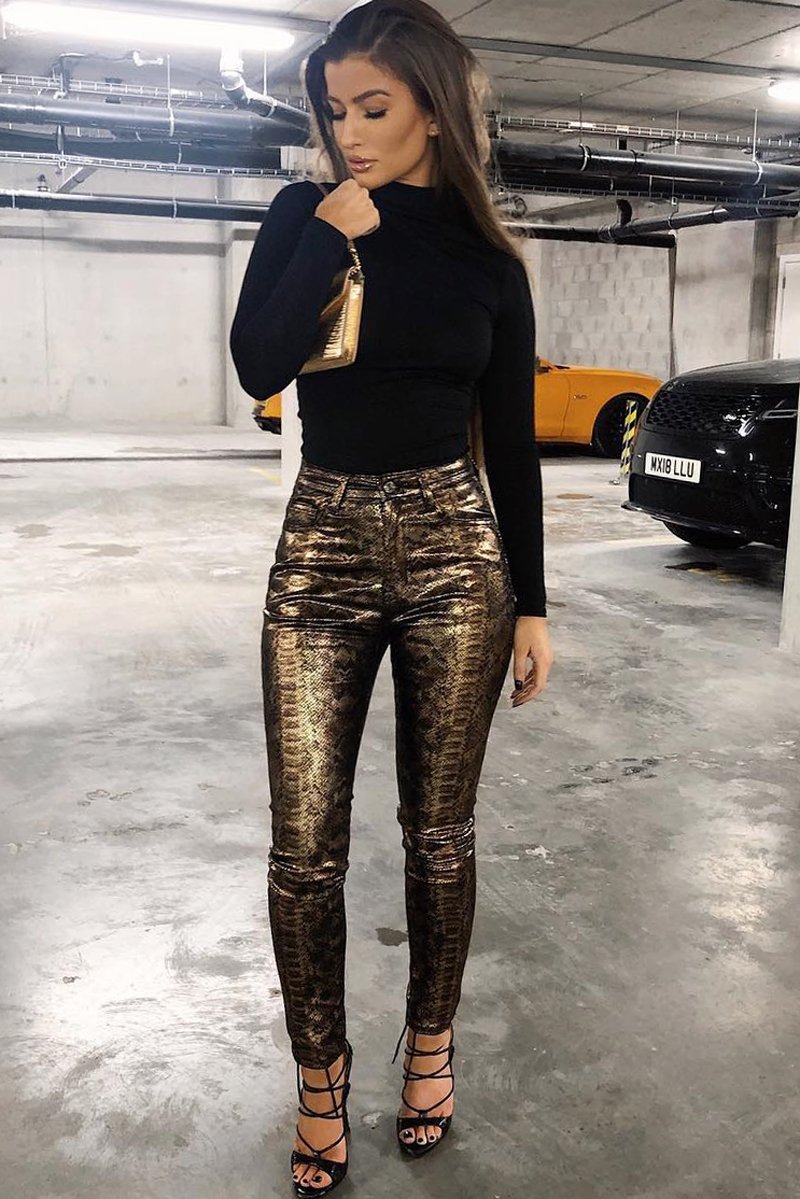 Gold Metallic Coated Snake Print Jeans - Tamsin-Jeans