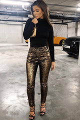 Gold Metallic Coated Snake Print Jeans - Tamsin-Jeans