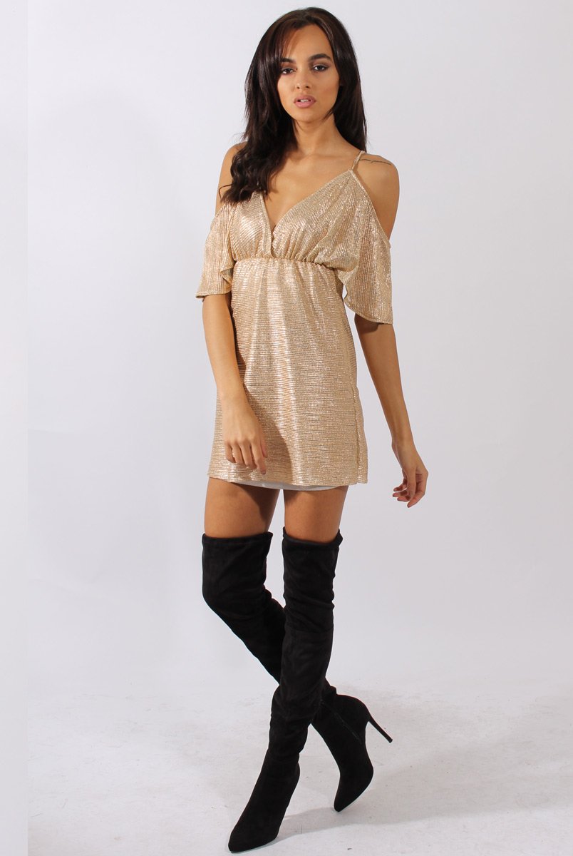 Gold Metallic Cold Shoulder Tie Back Dress - Fern-Dresses
