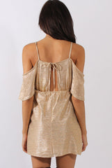 Gold Metallic Cold Shoulder Tie Back Dress - Fern-Dresses