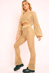 Gold Metallic Crochet Trouser Crop Top Co-ord - Natia-Co-ords