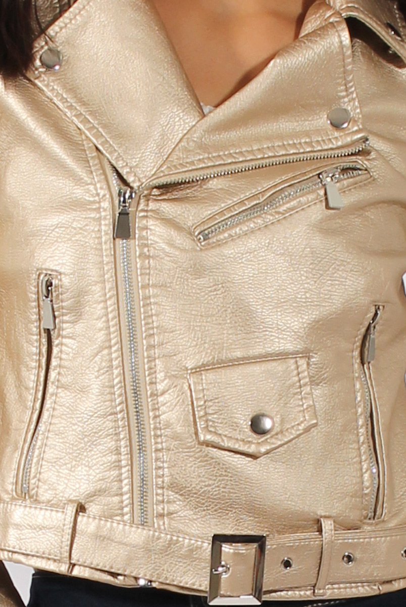 Gold Metallic Cropped Biker Jacket - Bianca-Jackets