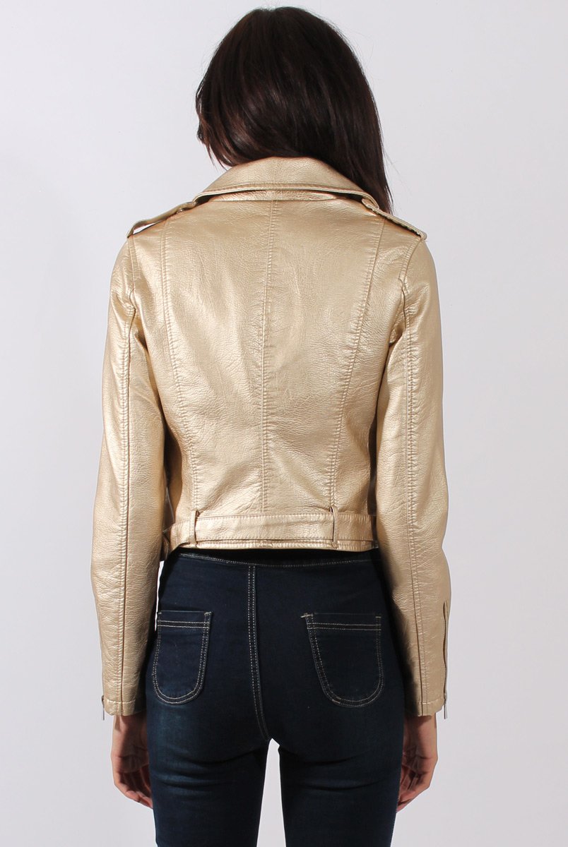 Gold Metallic Cropped Biker Jacket - Bianca-Jackets