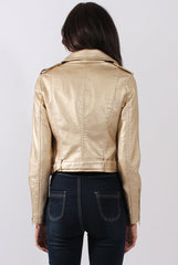 Gold Metallic Cropped Biker Jacket - Bianca-Jackets
