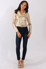 Gold Metallic Cropped Biker Jacket - Bianca-Jackets