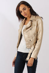 Gold Metallic Cropped Biker Jacket - Bianca-Jackets