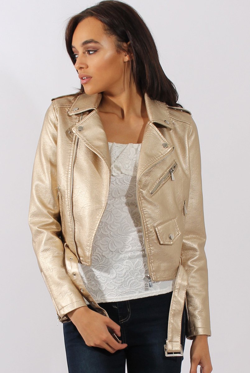 Gold Metallic Cropped Biker Jacket - Bianca-Jackets
