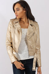 Gold Metallic Cropped Biker Jacket - Bianca-Jackets