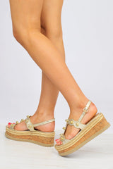 Gold Metallic Flatform Sandals with Large Bead Detail - Dajah-Sandals