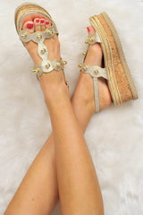 Gold Metallic Flatform Sandals with Large Bead Detail - Dajah-Sandals