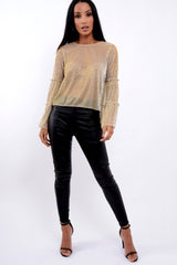 Gold Metallic Frill Detail Flare Sleeve Top - Cindy-Tops