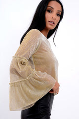 Gold Metallic Frill Detail Flare Sleeve Top - Cindy-Tops