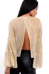 Gold Metallic Frill Detail Flare Sleeve Top - Cindy-Tops