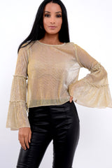 Gold Metallic Frill Detail Flare Sleeve Top - Cindy-Tops