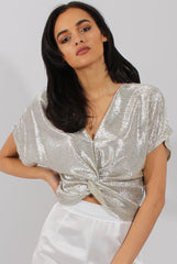 Gold Metallic Front Knot Batwing Top - Perrie-Tops