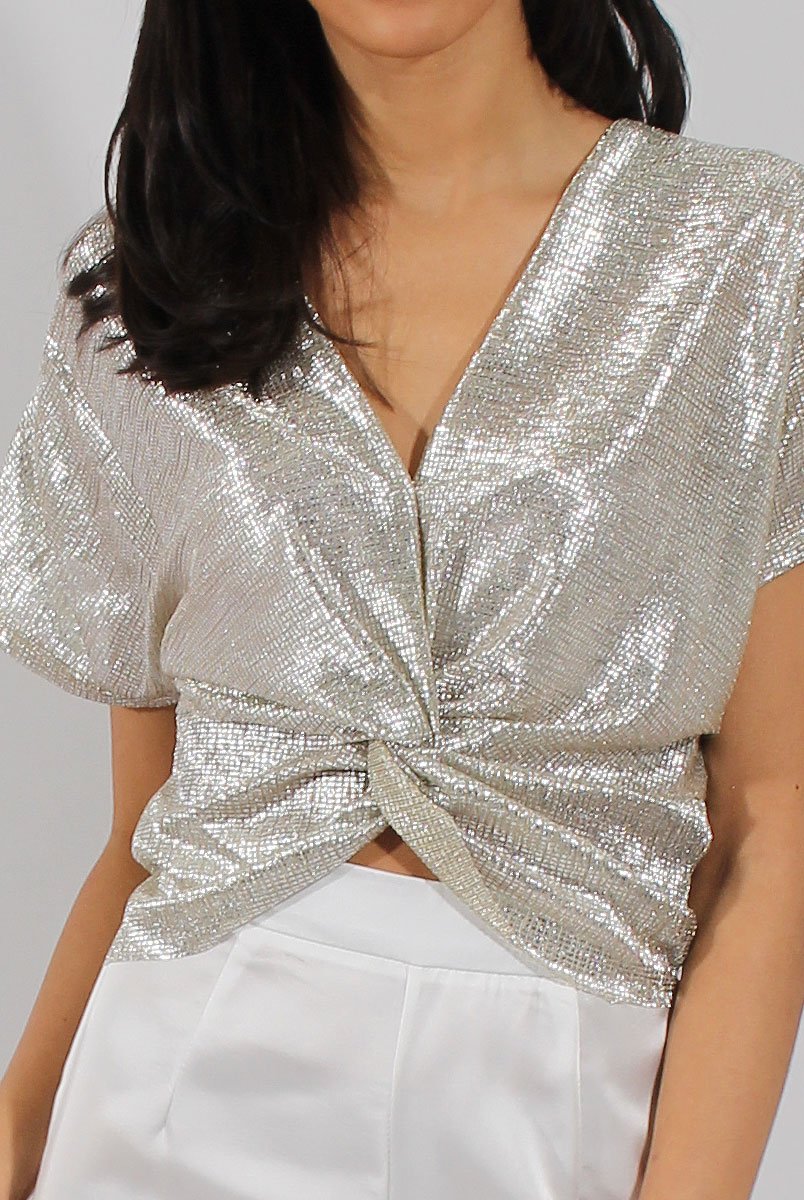 Gold Metallic Front Knot Batwing Top - Perrie-Tops