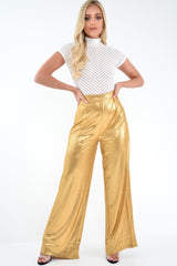 Gold Metallic High Waist Wide Leg Trousers - Lissette-Trousers