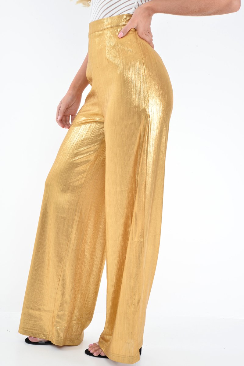 Gold Metallic High Waist Wide Leg Trousers - Lissette-Trousers