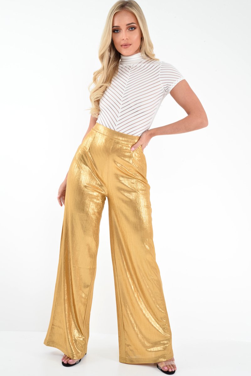 Gold Metallic High Waist Wide Leg Trousers - Lissette-Trousers