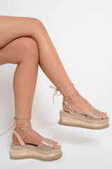 Gold Metallic Lace Up Diamante Wedges - Olivier-Wedges