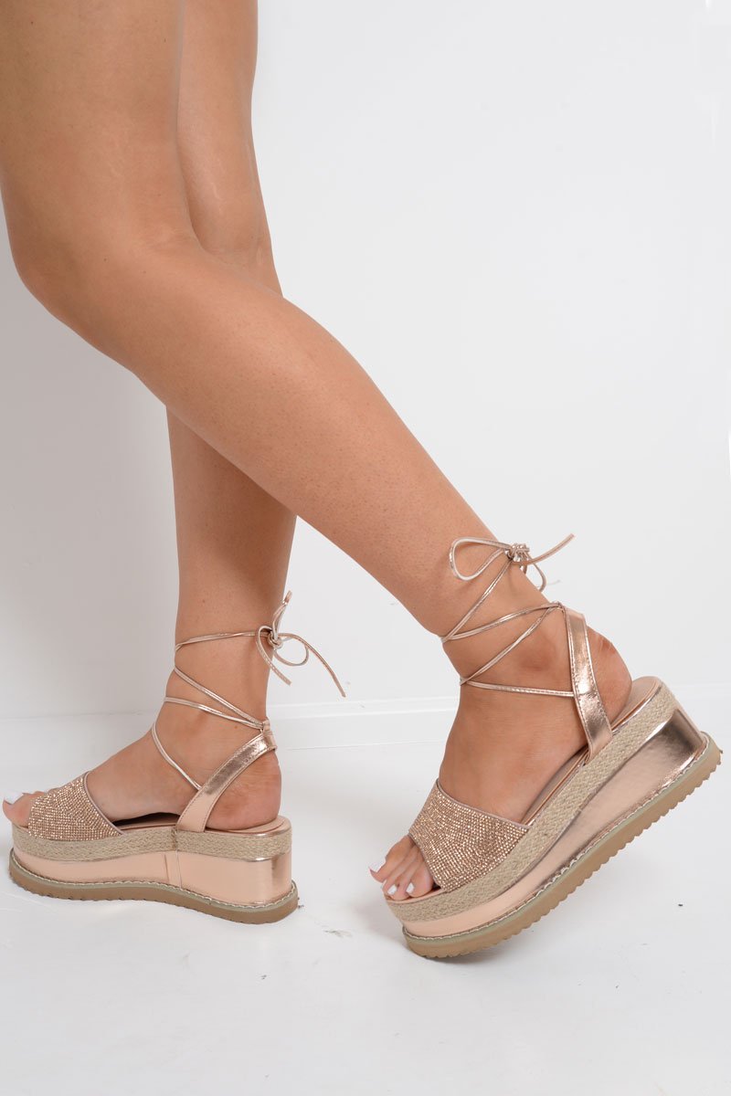 Gold Metallic Lace Up Diamante Wedges - Olivier-Wedges