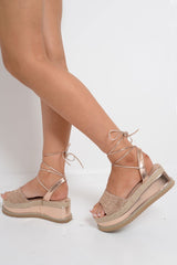 Gold Metallic Lace Up Diamante Wedges - Olivier-Wedges