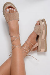 Gold Metallic Lace Up Diamante Wedges - Olivier-Wedges