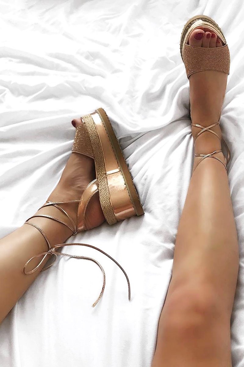 Gold Metallic Lace Up Diamante Wedges - Olivier-Wedges