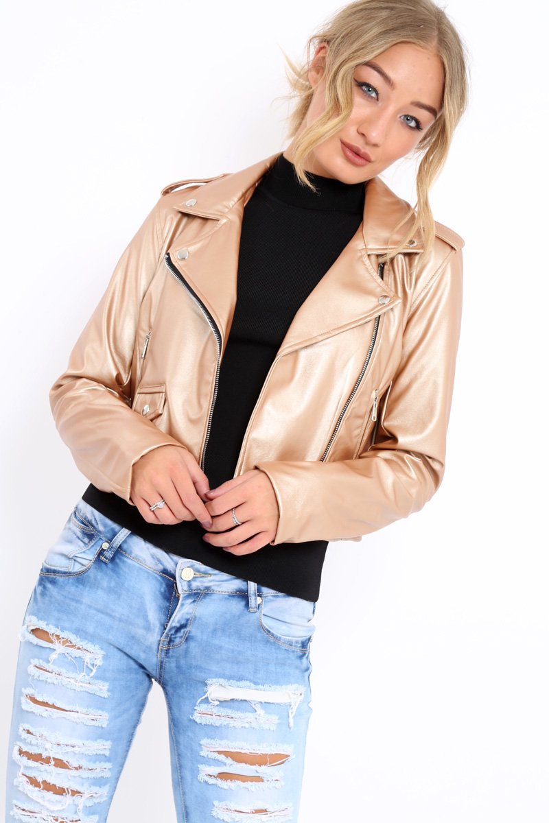Gold Metallic Leather Jacket - Adrienne-Jackets