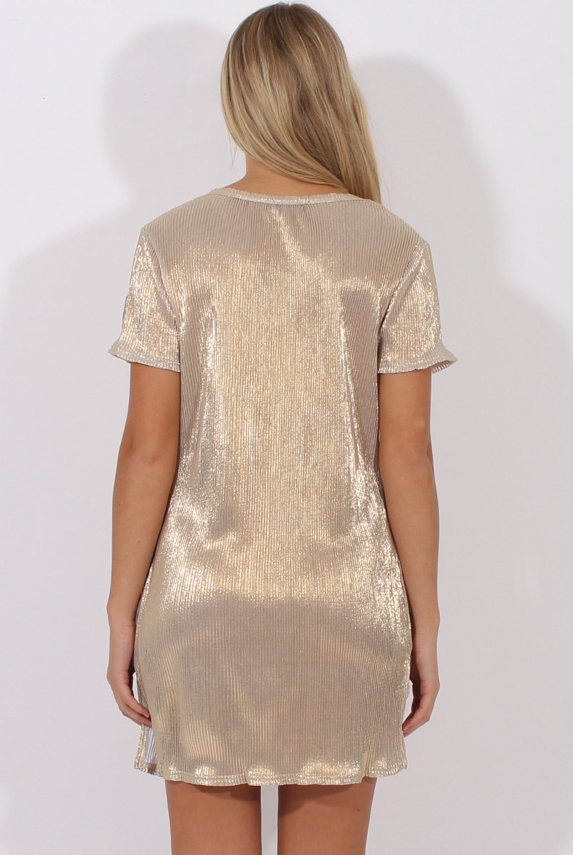 Gold Metallic Pleated Badge Tee Dress - Lili-Dresses