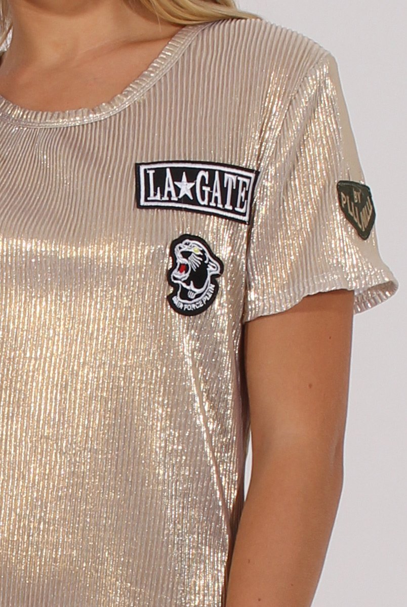 Gold Metallic Pleated Badge Tee Dress - Lili-Dresses