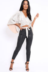Gold Metallic Plisse Wrap Tie Crop Blouse - Kay-Tops