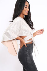 Gold Metallic Plisse Wrap Tie Crop Blouse - Kay-Tops