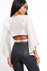 Gold Metallic Plisse Wrap Tie Crop Blouse - Kay-Tops