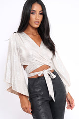 Gold Metallic Plisse Wrap Tie Crop Blouse - Kay-Tops