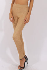 Gold Metallic Ribbed High Waisted Leggings - Yasmin-Dresses