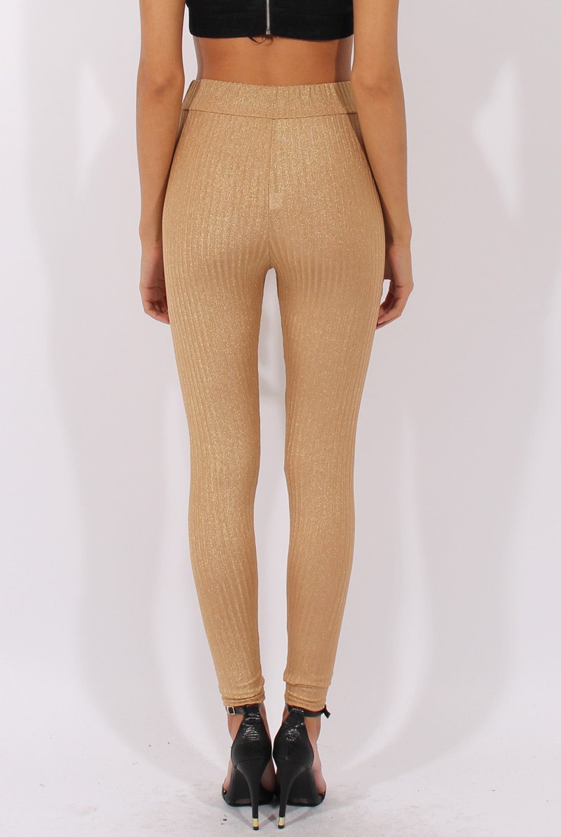 Gold Metallic Ribbed High Waisted Leggings - Yasmin-Dresses