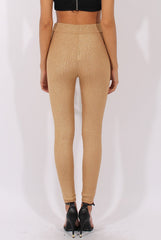 Gold Metallic Ribbed High Waisted Leggings - Yasmin-Dresses