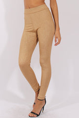 Gold Metallic Ribbed High Waisted Leggings - Yasmin-Dresses