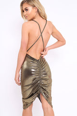 Gold Metallic Ruched Cowl Neck Dress - Nathalie-Dresses