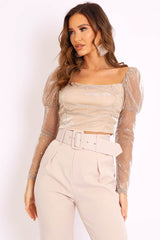 Gold Metallic Sequin Embellished Crop Top - Bronte-Crop Tops