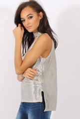 Gold Metallic Shimmer High Neck Cut Out Front Top - Fridya-Tops