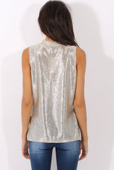 Gold Metallic Shimmer High Neck Cut Out Front Top - Fridya-Tops