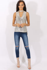 Gold Metallic Shimmer High Neck Cut Out Front Top - Fridya-Tops