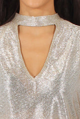 Gold Metallic Shimmer High Neck Cut Out Front Top - Fridya-Tops