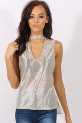 Gold Metallic Shimmer High Neck Cut Out Front Top - Fridya-Tops