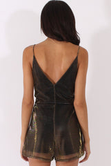 Gold Metallic Strappy V Neck Playsuit - Patricia-Playsuits