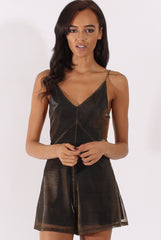 Gold Metallic Strappy V Neck Playsuit - Patricia-Playsuits