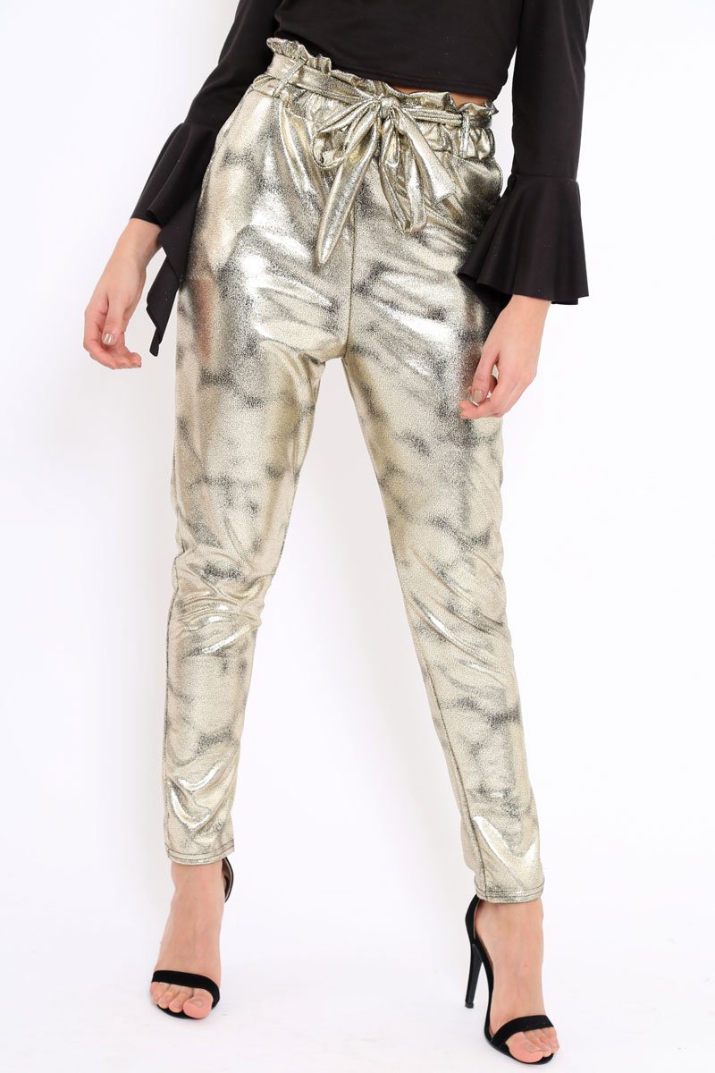 Gold Metallic Tie Waist Trousers - Brigette-Trousers